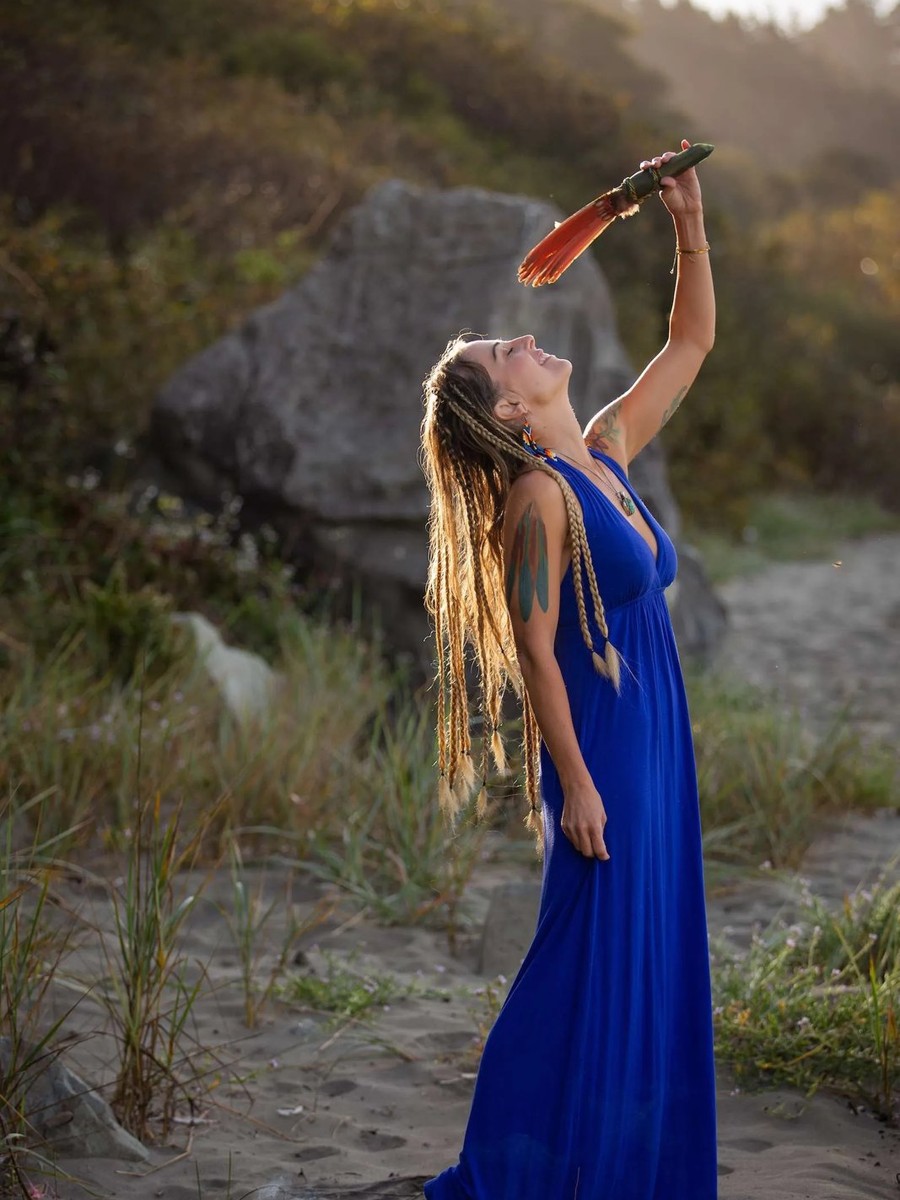Rachel Naomi in a blue dress on the Humboldt coast